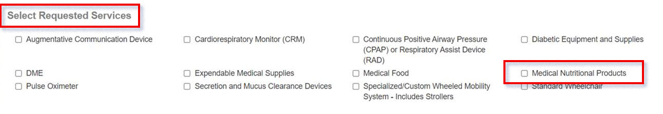 PA on the Portal screen showing Medical Nutritional Products as the requested service