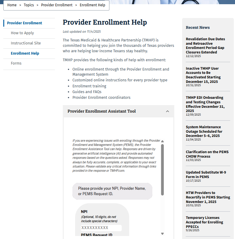 Screenshot of the Provider Enrollment Help page of tmhp.com with the Provider Enrollment Assistant Tool open in the middle of the screen.