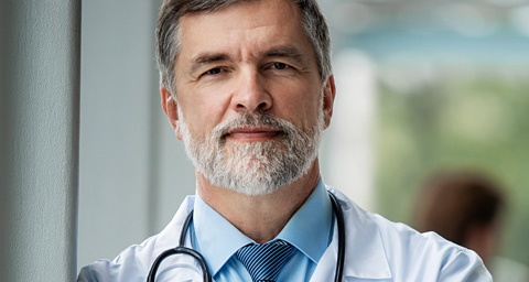 Older male doctor smiling at camera