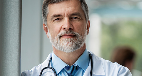 Older male doctor smiling at camera